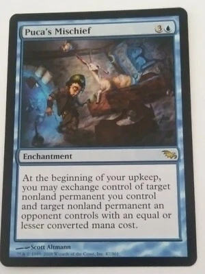 Magic the Gathering Shadowmoor 1x PUCA'S MISCHIEF Blue Rare NM Enchantement  - Image 1 of 3