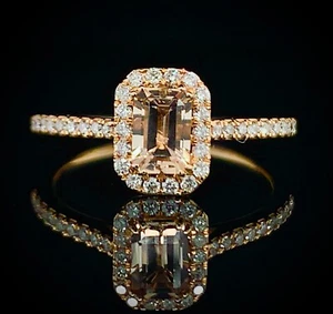 Emerald cut Morganite & Diamond Halo Ring in Rose Gold - Picture 1 of 11