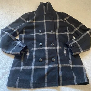 Gap Long Sleeve Jacket Black Women's Size Medium Collared Plaid Peacoat Button - Picture 1 of 12