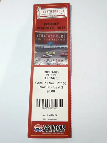 STRATOSPHERE CASINO LAS VEGAS, NEVADA MOTOR SPEEDWAY RICHARD PETTY TICKET 2012! Cover