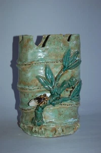 Stoneware brushpot sculpture in shape of bamboo segment with cicada, Japan - Picture 1 of 9