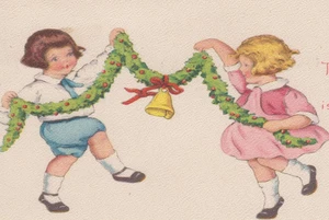 Kinder tanzen halten Girlande Weihnachten Postkarte - Bild 1 von 3