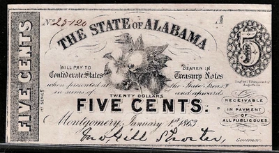 Jan 1863 CSA Confederate States of America Montgomery Alabama 5¢ Cents Note UNC - Image 1 of 2