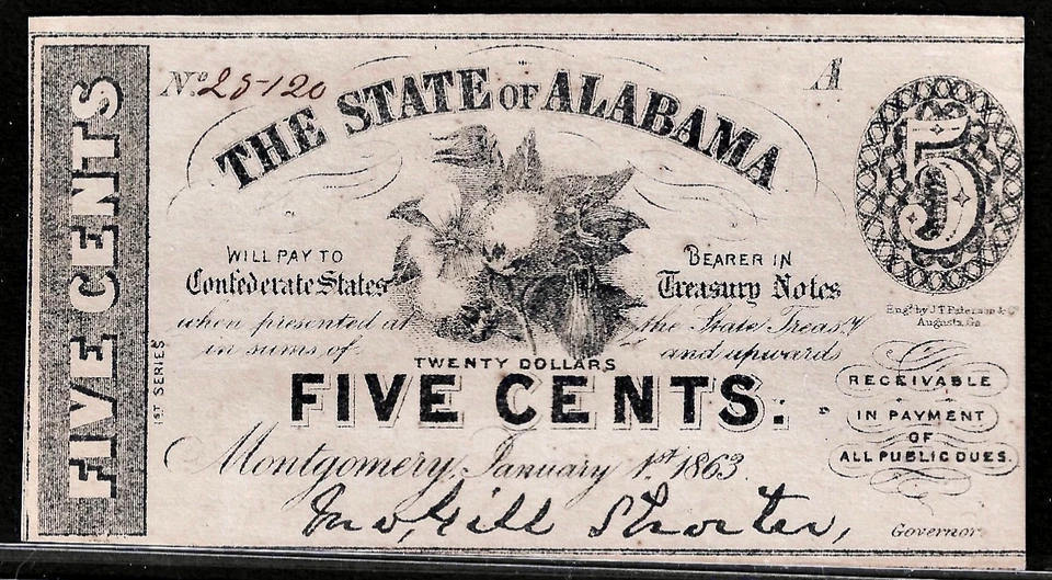 Jan 1863 CSA Confederate States of America Montgomery Alabama 5¢ Cents Note UNC - Image 1 of 2