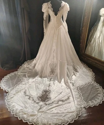 Vestido de noiva vintage querida trem recortado tamanho 10 mangas folhadas - Imagem 1 de 4