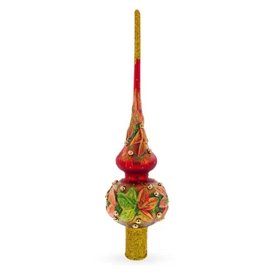 Red and Green Leaves on Red Glass Tree Topper - Image 1 of 4