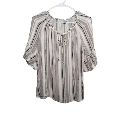 AB Studio Blouse Women's Medium V-Neck Tie Short Sleeve Ruffle Striped Top - Image 1 of 4