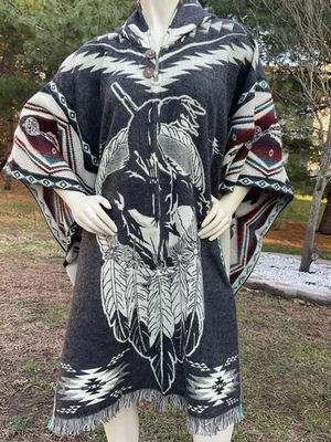Handmade ALPACA PONCHO, Unisex, Horse Indian, Gray, Soft & Warm, Native American - Image 1 of 4