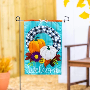 Buffalo Check Fall Wreath Garden Linen Flag - Picture 1 of 4