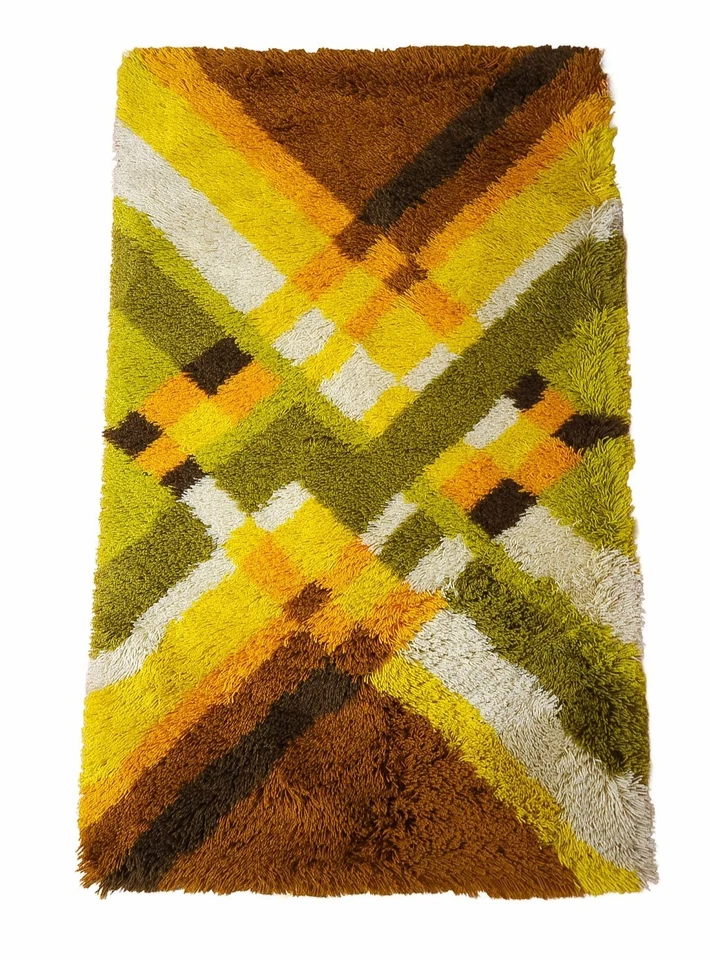Alfombra de lana DESSO Allegro shag dralon verde naranja amarillo vintage años 70 mediados de siglo Foto 1 de 4