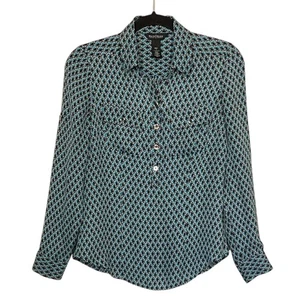 White House Black Market Shirt Size 2 Blue Black Silk Geometric Button Front - Picture 1 of 10