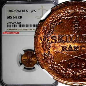 SWEDEN Oscar I Copper 1849 1/6 Skilling Mintage-536,544 NGC MS64 RB KM# 656 (07) - Picture 1 of 4