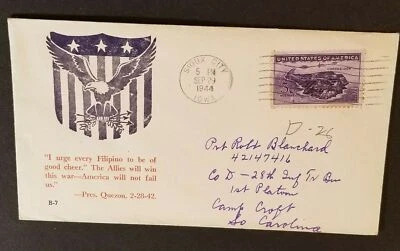 1944 Sioux City IA to Camp Croft SC EE. UU. Cubierta patriótica filipina ilustrada Foto 1 de 2