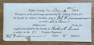 1863 Cupón de pago confederado Wythe County Virginia Fondos para la familia de los soldados " - Imagen 1 de 2