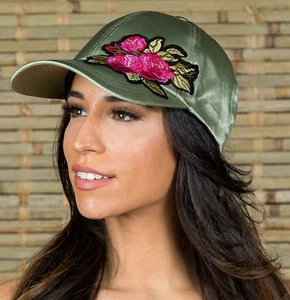 Damen Satin Baseballkappe mit Blumen Applikation verstellbar verpackbar oliv - Bild 1 von 2