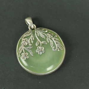 Vintage chinesischer STERLINGSILBER grüne Jade Jadeit Donut ANHÄNGER Blume verziert - Bild 1 von 6