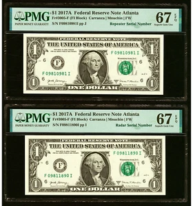 2017 A $1 FRNs Set of Two Notes Radar Repeater 09811890  09810981 PMG GEM 67 EPQ - Picture 1 of 2