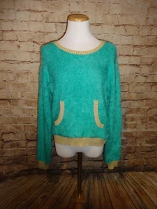 Juicy Couture Women's Juniors Knit Sweater Ladies SZ S Turquoise & Gold Fuzzy - Picture 1 of 6