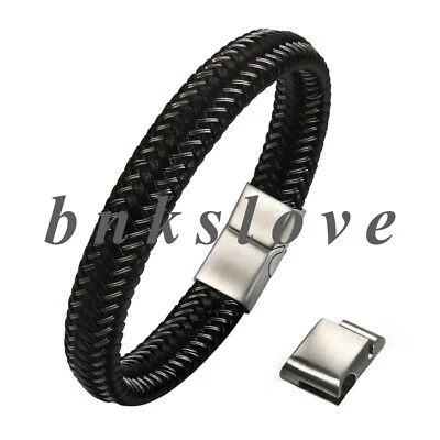 Brazalete de cuero trenzado de acero inoxidable con cierre magnético ajustable para hombre Foto 1 de 4