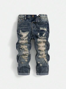 Vaquero Rasgado Pantalones de Mezclilla Para Niños Pantalón Azul Oscuro Casual - Picture 1 of 8