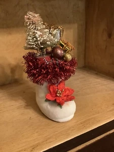 G228+Vintage Christmas Genny Handmade BOOT Sitter TREE POINSETTIA Ornament - Picture 1 of 3