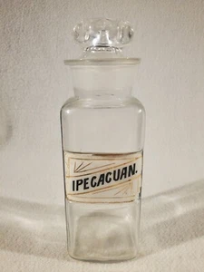 Antique Apothecary Lug Jar Label Under Glass Pharmacy Bottle ~ 8.25" Ipecacuan - Picture 1 of 6