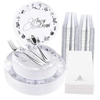  175PCS Christmas Plastic Plates - White and Silver Plastic Cute Silver Holiday - Image 1 of 4