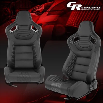 Universal Black Vinyl Leather Reclinable Racing Seats w/Dual Sliders Left+Right - Image 1 of 4