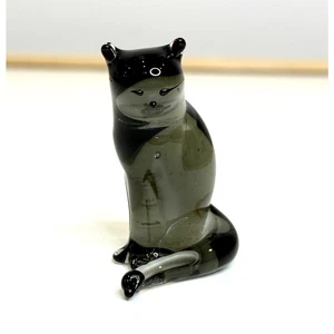 Cristiano Balbi Murano Glass Mini Cat Figurine Smoky Black Handcrafted in Italy - Picture 1 of 6