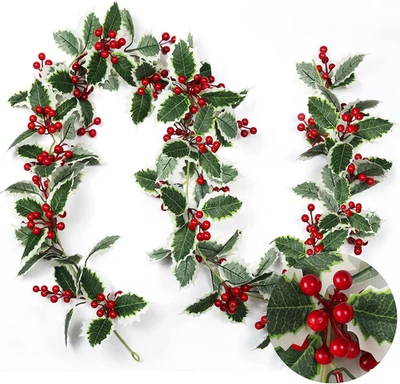 Artificial Red Berry Christmas Wreath 5.8FT with Green Leaves for Holiday Decor - Image 1 of 4