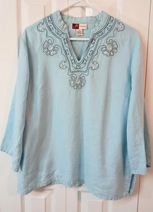 Womans Baby Blue Top-V Neck-Embellished-Linen-3/4 Sleeve-Size 10- JM Collection - Picture 1 of 4