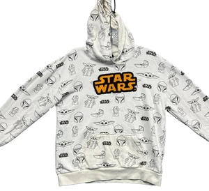 Star Wars Hoodie Boys L Ivory Logo Embroidered Kangaroo Pockets Pullover Casual - Picture 1 of 14