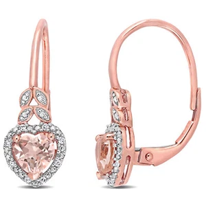 Amour 10k Rose Gold Morganite and Diamond Accent Heart Halo Leverback Earrings - Picture 1 of 4