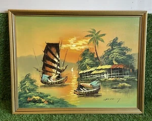 GORGEOUS Vintage ‘Chinese Junk Fishing Boats’ Original Oil Painting Sunset - Picture 1 of 5