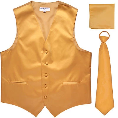 New Men's Gold formal vest Tuxedo Waistcoat pre-tied zipper neck tie and hankie - Image 1 of 4