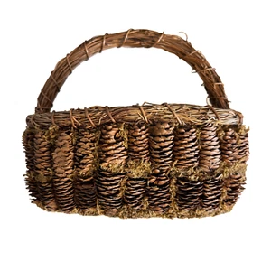Unique Rustic Flower Girl Basket With Handle Pinecone Forest Fairy Moss Wicker - Picture 1 of 9