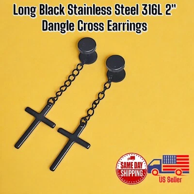 Pendientes de aro colgantes de acero inoxidable de 2 piezas negros largos con cruz joyería regalo Foto 1 de 3