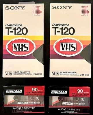 ЗАПЕЧАТАННЫЙ ВИНТАЖНЫЙ TECH: 2 видеокассеты Sony Dynamicron T-120 и 2 кассеты DigiTech - Изображение 1 из 4