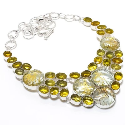 Dorato Rutilo Quarzo, Citrino Gemma 925 Sterling Argento Gioielli Collana - Immagine 1 di 4