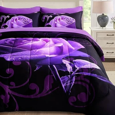  Comforter Set Reversible Rose 7 Pieces Bed in a Bag, Lightweight Queen Purple - Imagem 1 de 4