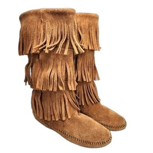 Minnetonka 3 Layer Fringe Genuine Leather Brown Mid Calf Moccasin Boots Size 6 - Picture 1 of 8