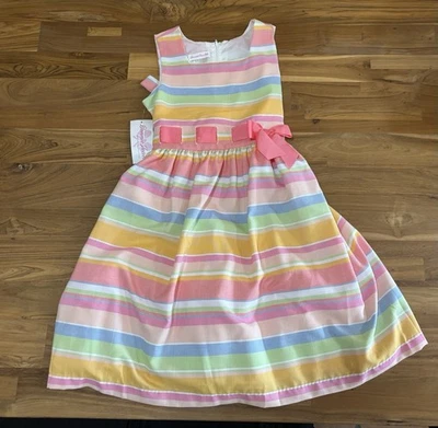 Sweet Kids Pastel Striped Dress with Bow Detail, Double Flounce Lining, Size 14 - Image 1 of 4