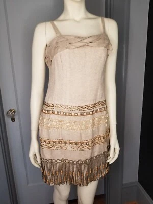 Vestido Tiki Nanette Lepore Roll Model Cuentas Lino Cristales $895 Como Está 6 Nuevo Con Etiquetas Foto 1 de 4