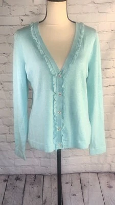 全新 Vineyard Vines Shep Ian Pima 棉羊毛 V 领浅蓝色荷叶边开衫 L — 第 1/4 张图片