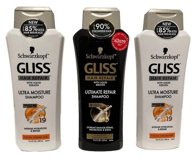 Lote de 3 champú Schwarzkopf GLISS 2x Ultra Moisture 1x Ultimate Repair 13,6 oz Foto 1 de 4