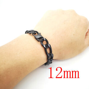 Men Jewelry 12mm Black Chain Polished Stainless Steel Bracelet Figaro Links
