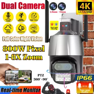 Dual Lens HD 8MP Wireless Wi-Fi IP Camera Outdoor CCTV PTZ Home Security IR Cam - Picture 1 of 13