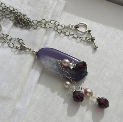 Achat Druse Zucht Perlen Kristall Anhänger Statement Kette 925 Silber 60 cm lang - Bild 1 von 4