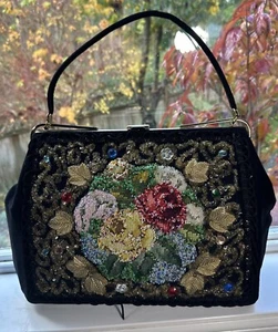 Caron Of Houston Large Purse Black Beaded Needlepoint Jeweled 1950s Vintage - Picture 1 of 23