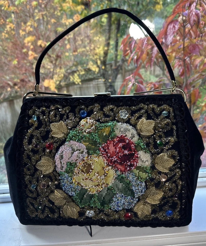 Caron Of Houston Large Purse Black Beaded Needlepoint  Jeweled 1950s Vintage - Image 1 of 4